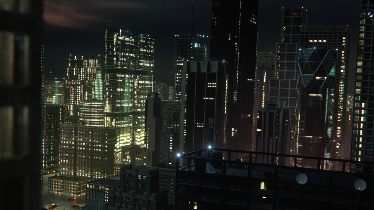 Night city skyline with illuminated skyscrapers.