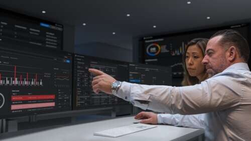 Man and a woman checking screens. 