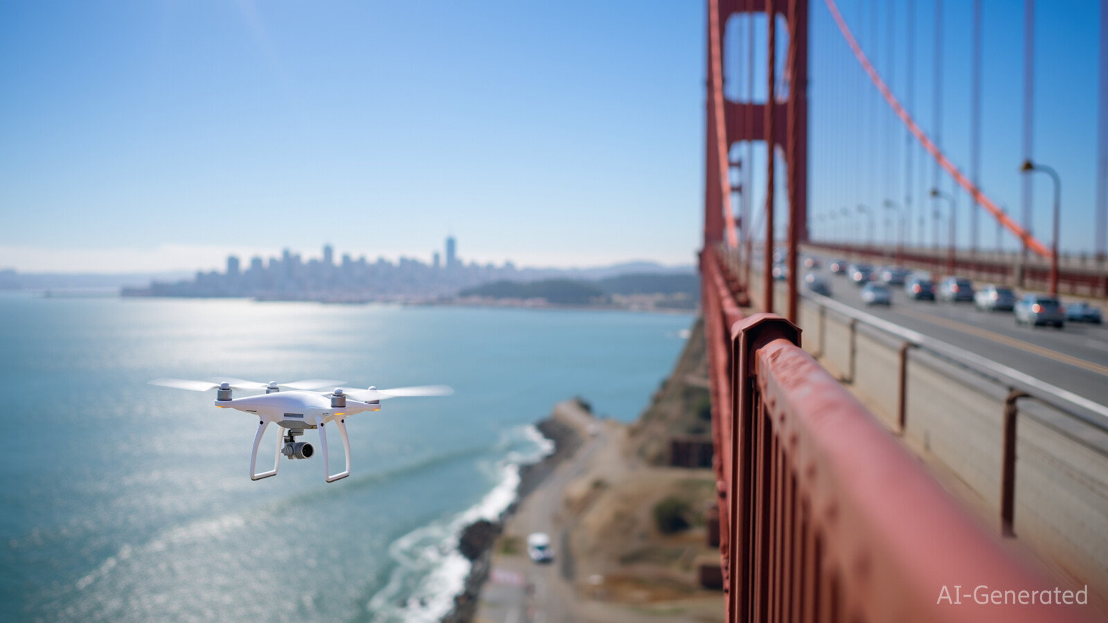 Drone inspecting bridge