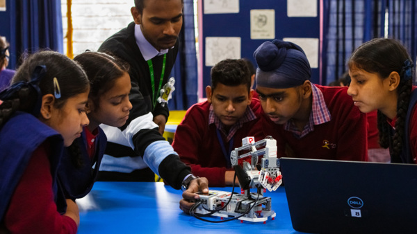 Pupils in the Robotic Lab at the Satya Bharti Senior Secondary School in Jhaneri, Punjab.