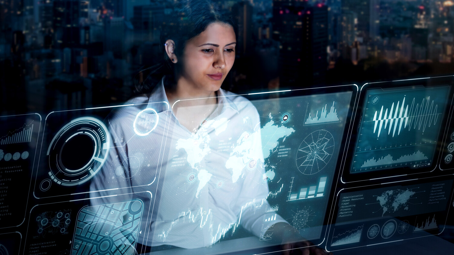 Person interacting with holographic screens.