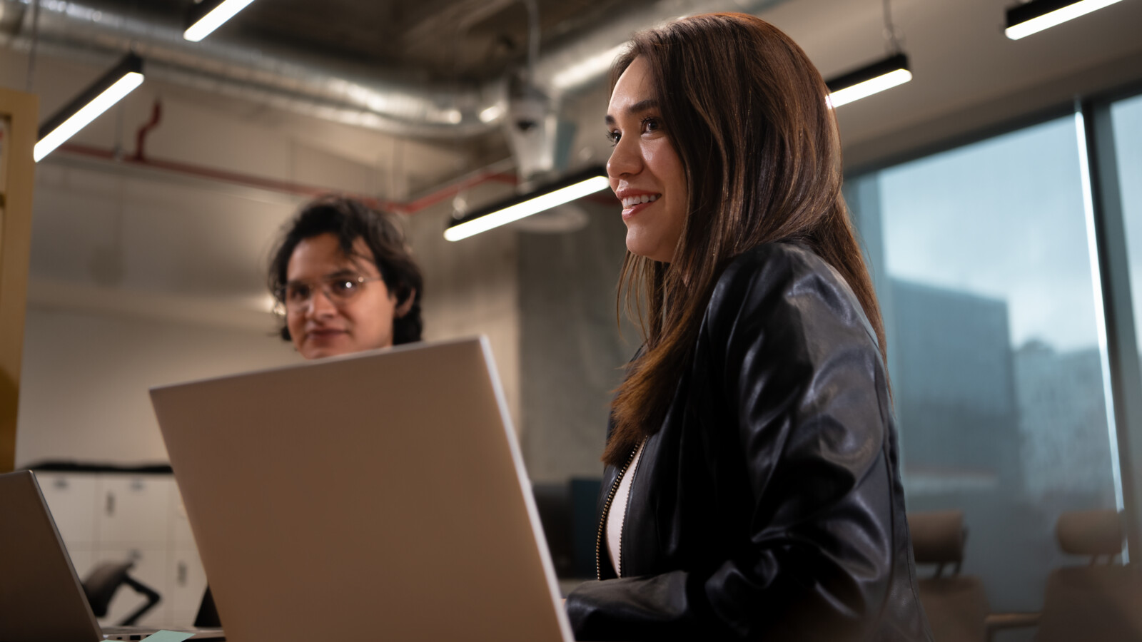 Two colleagues or customers working together