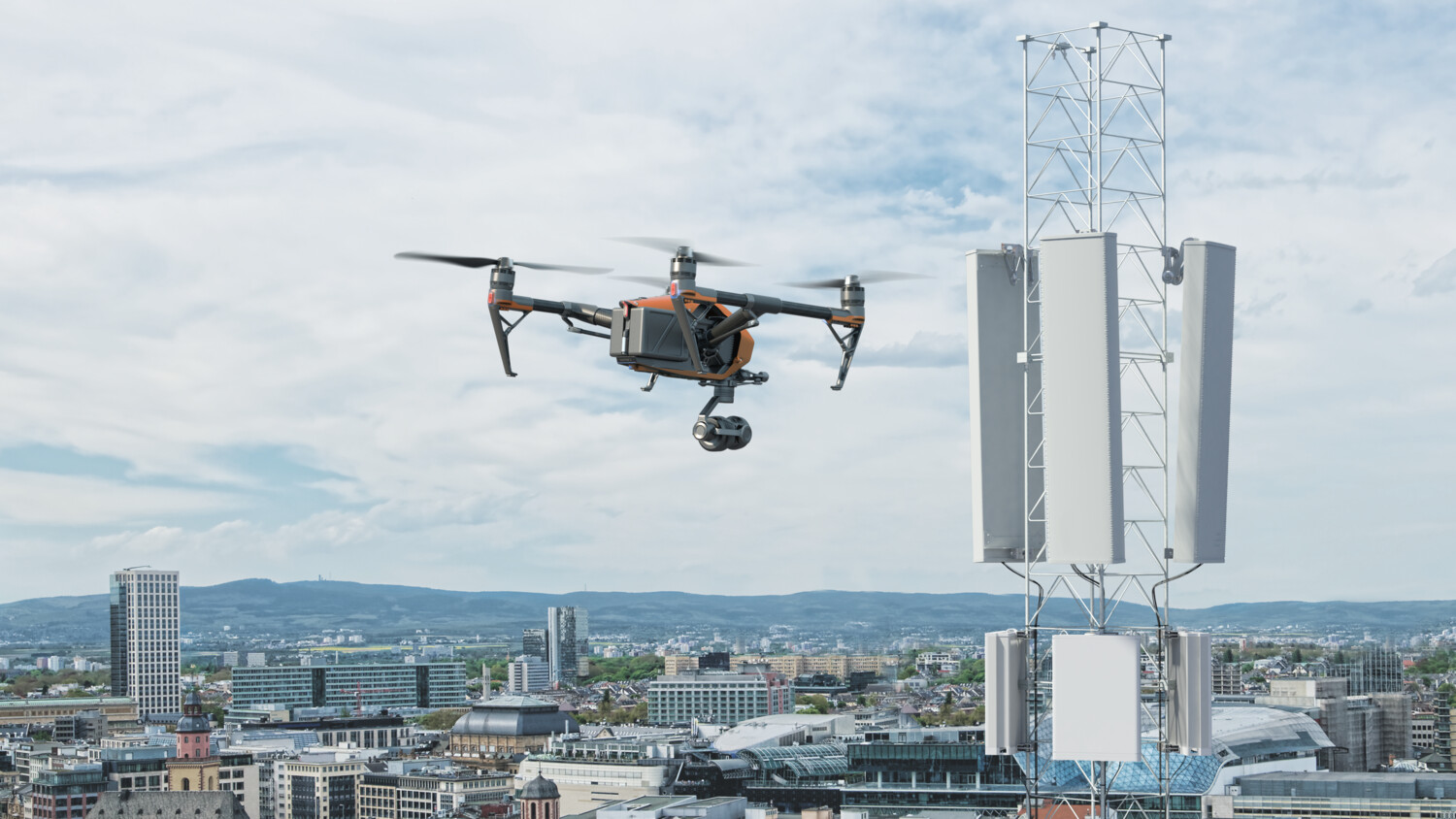 Drone flying next to antennas