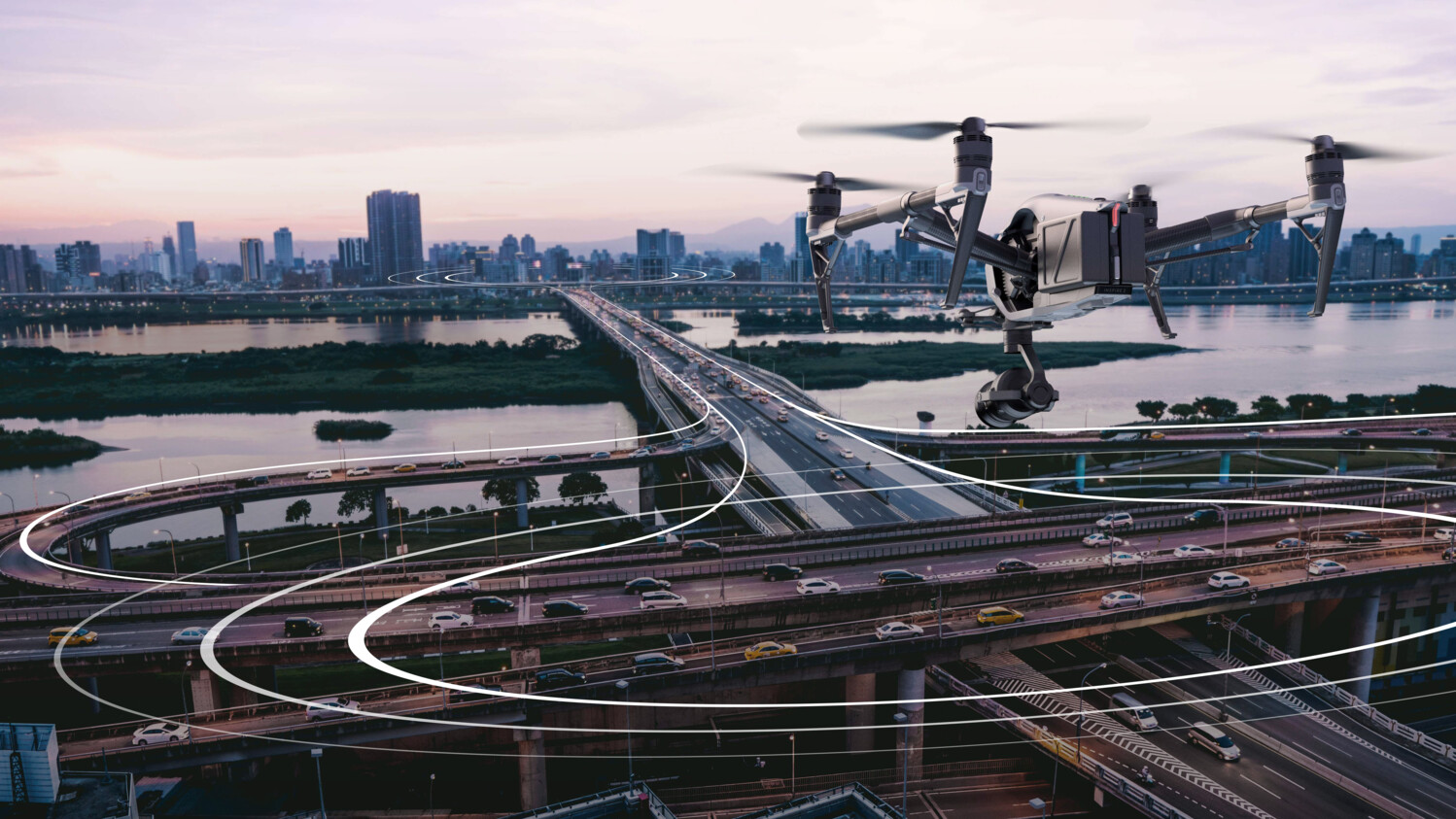 Drone path virtualized over cityscape