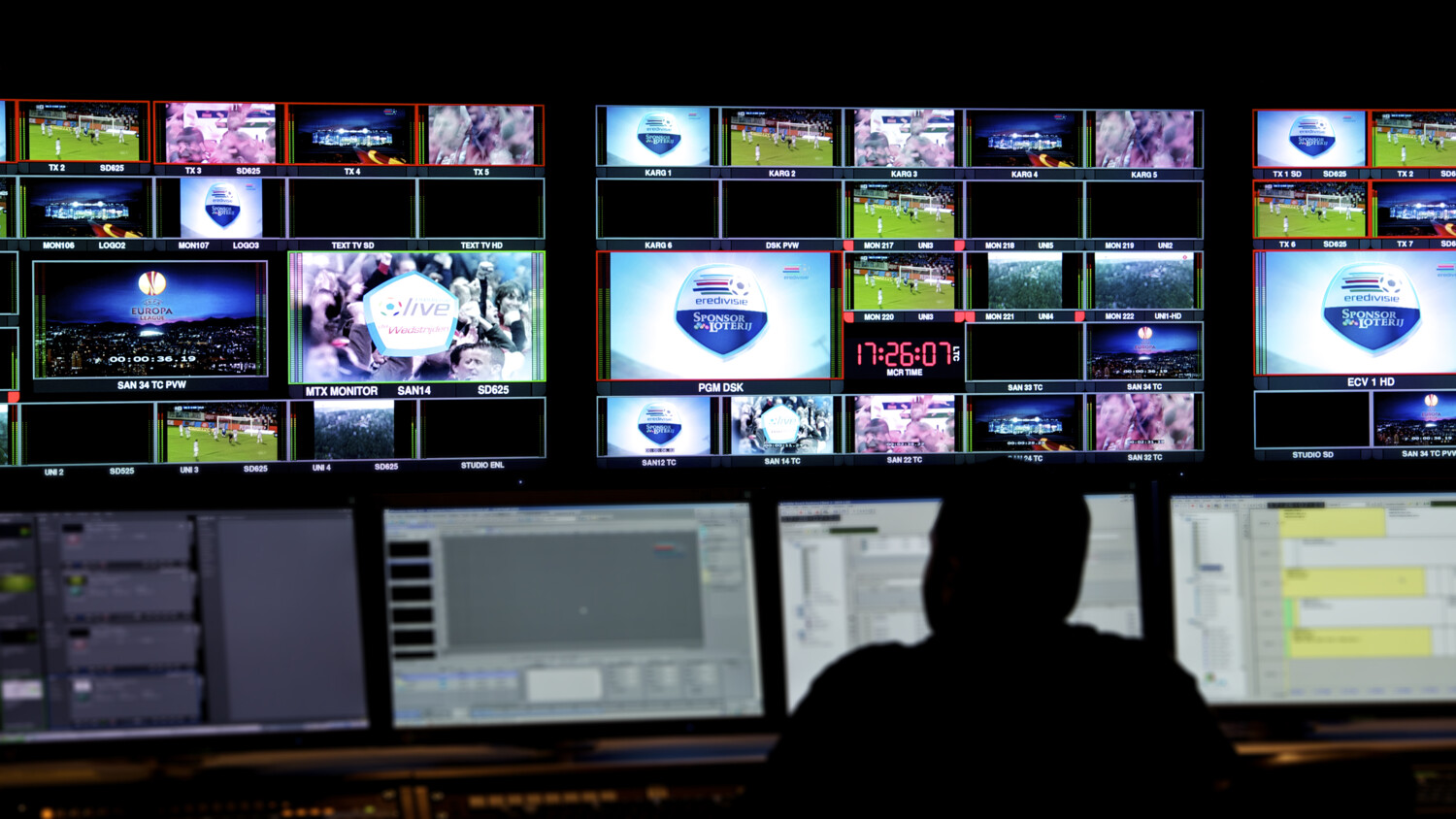 man in front of multiple screens