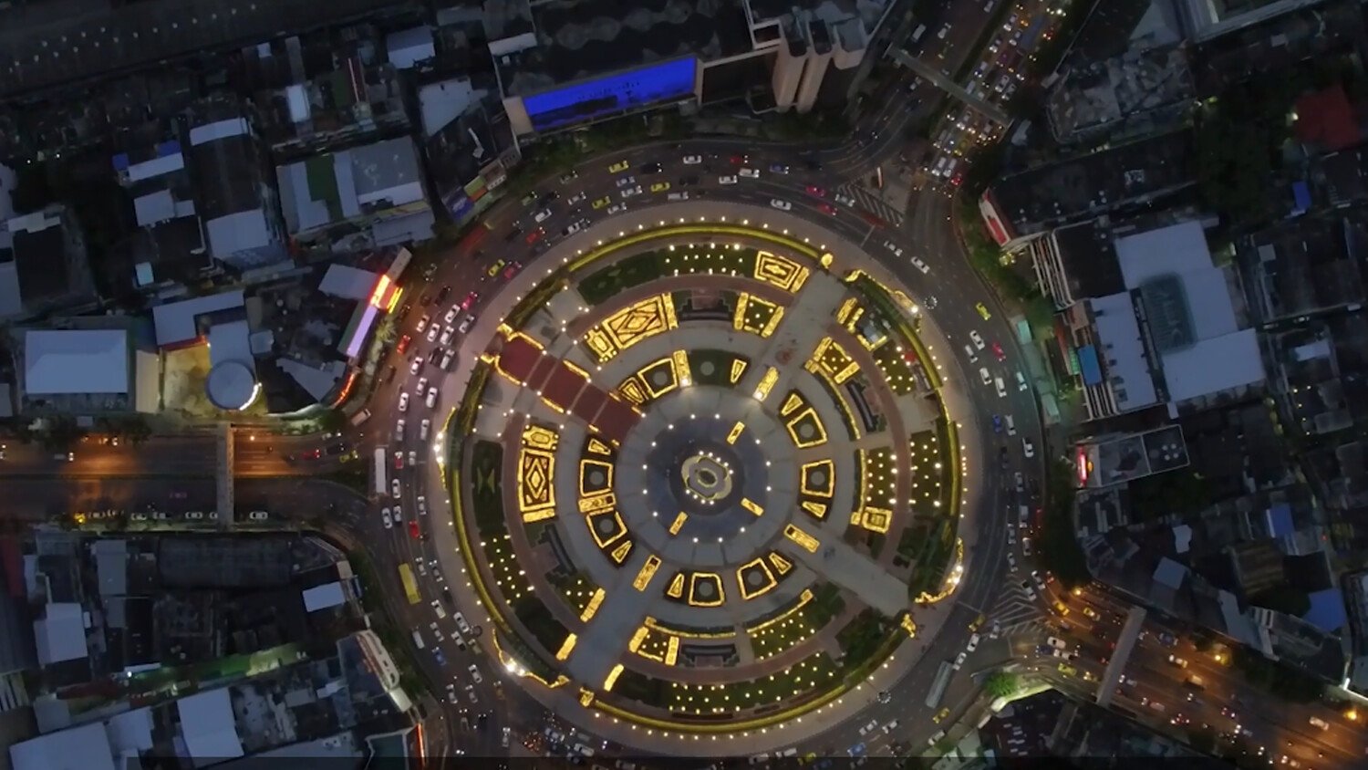 Illuminated roundabout at night
