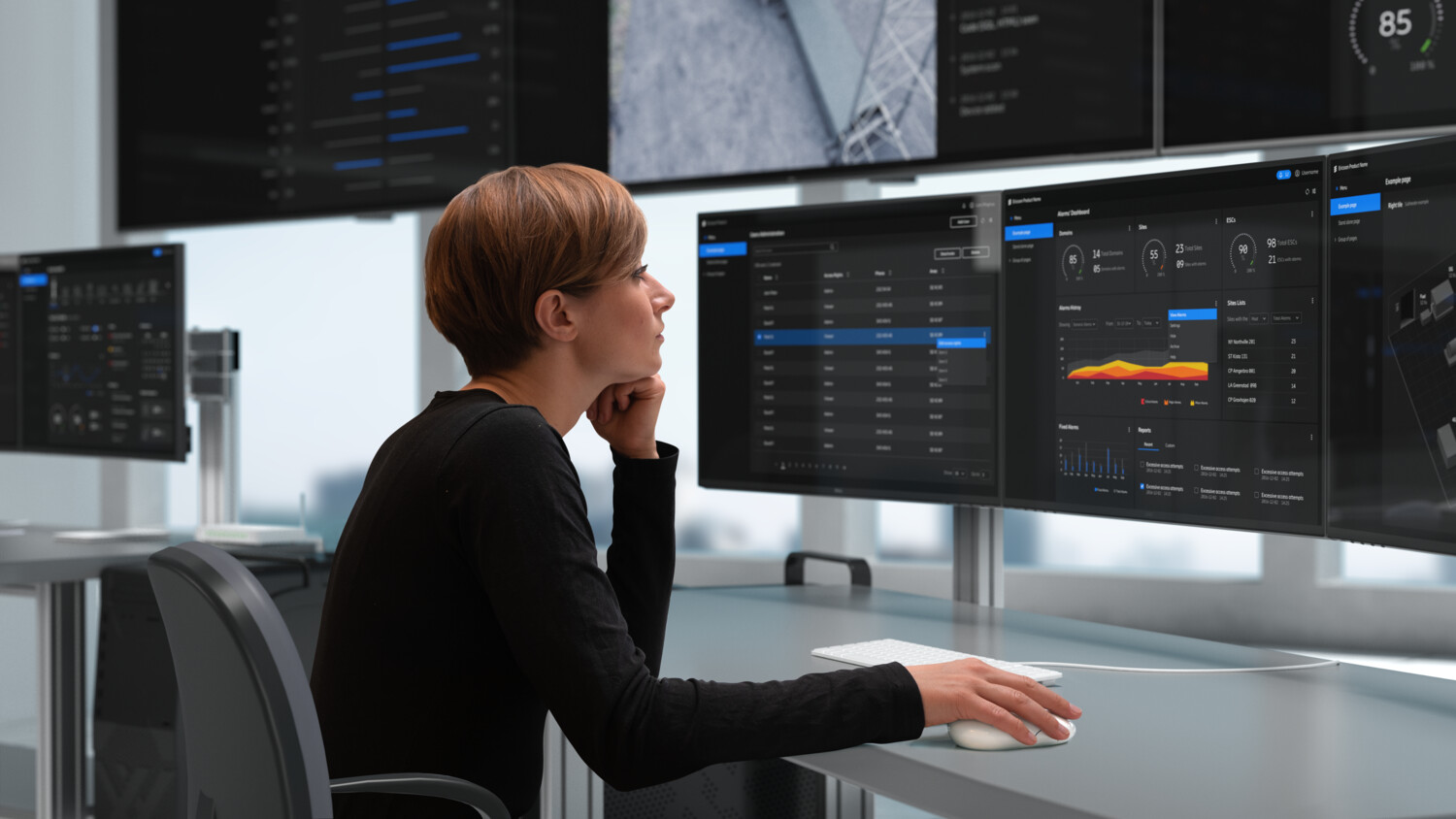 Woman in network operations centre room monitoring.