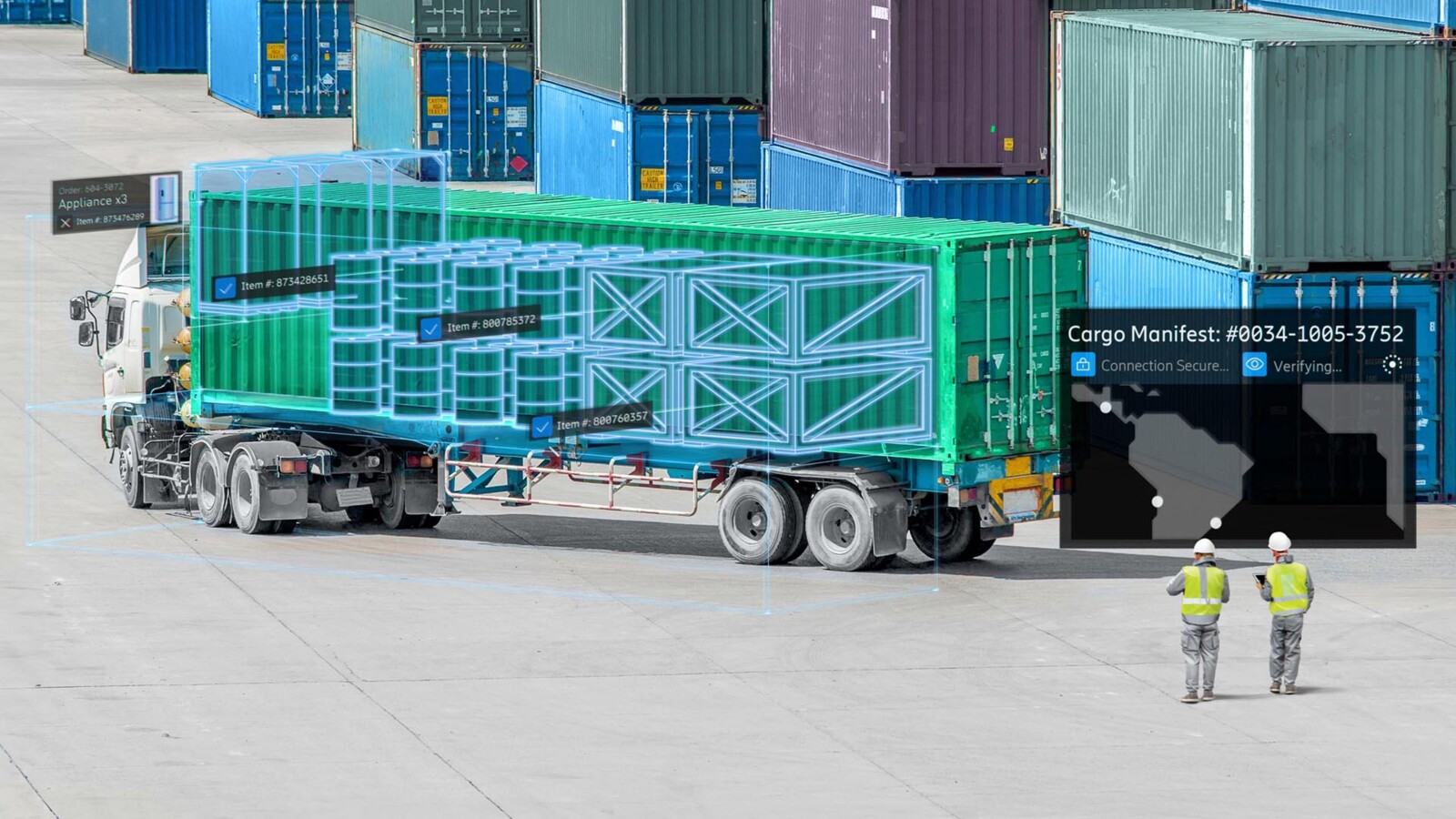 Truck with data overlay in shipping yard, workers nearby with devices.