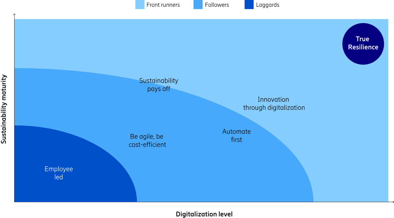 The five paths to resilience based on their respective average digitalization level and sustainability maturity.
