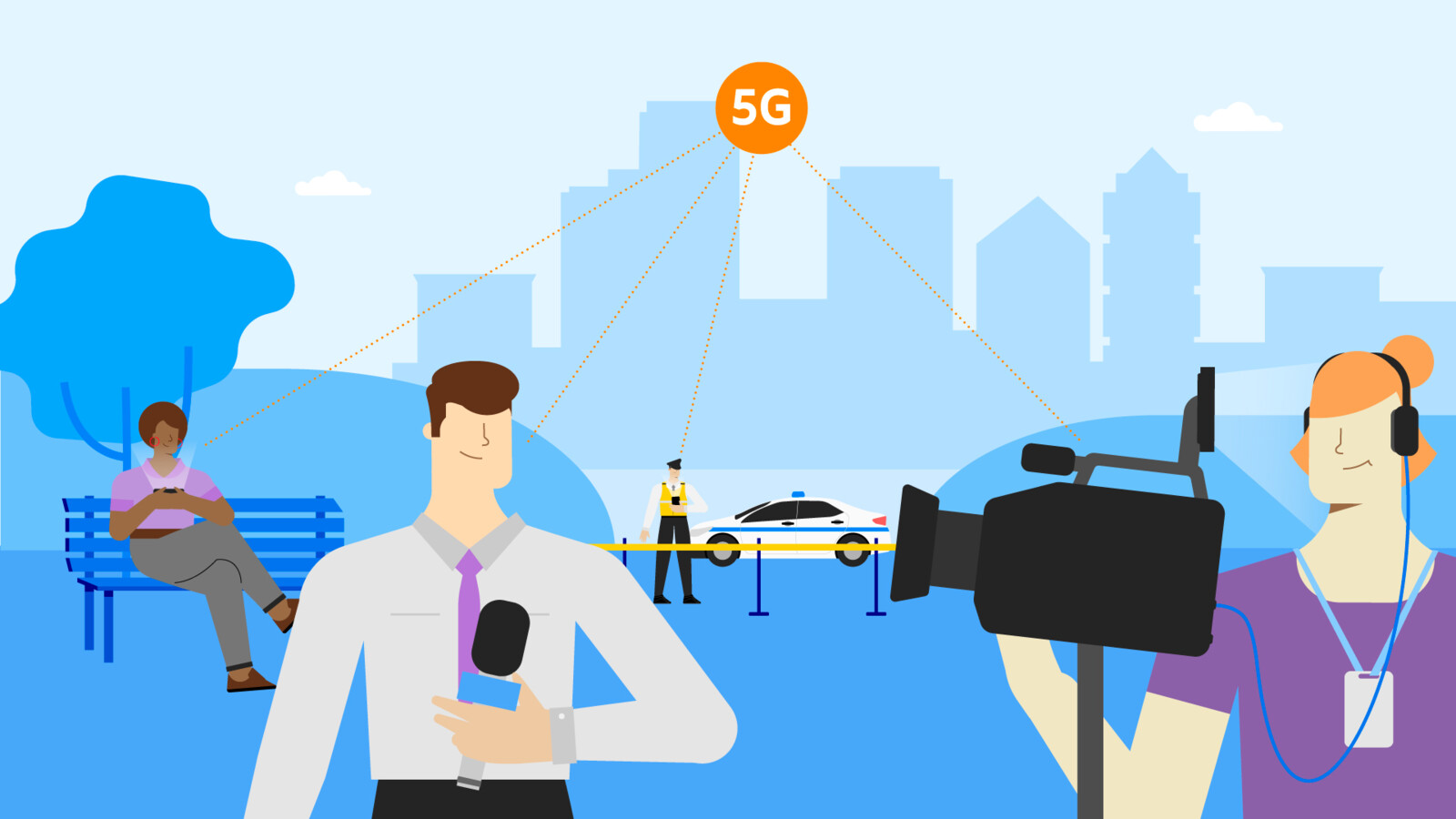 Graphic of reporter broadcaster and a man using his phone.