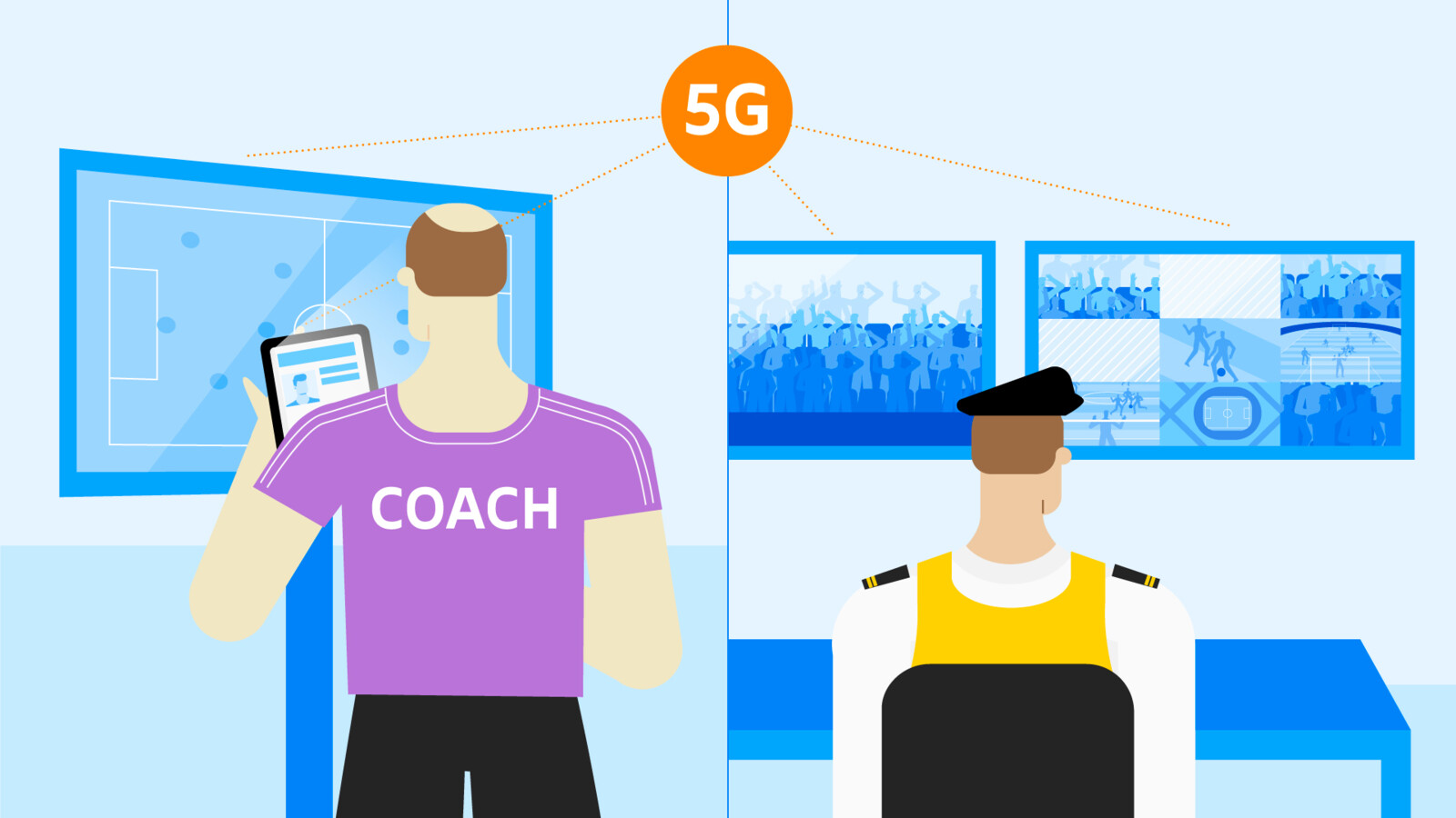 Graphic of security and a trainer watching screens over the play and athletes in a stadium.