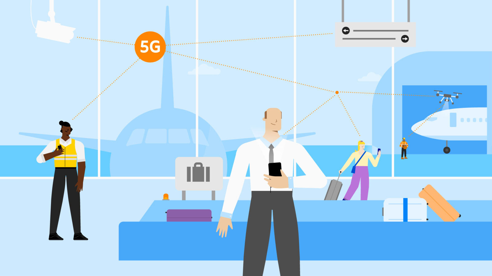Graphic of people connected to 5G Standalone in an airport.