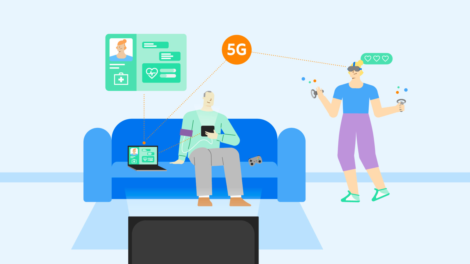 Graphic of an apartment with two persons using 5G connected devices.
