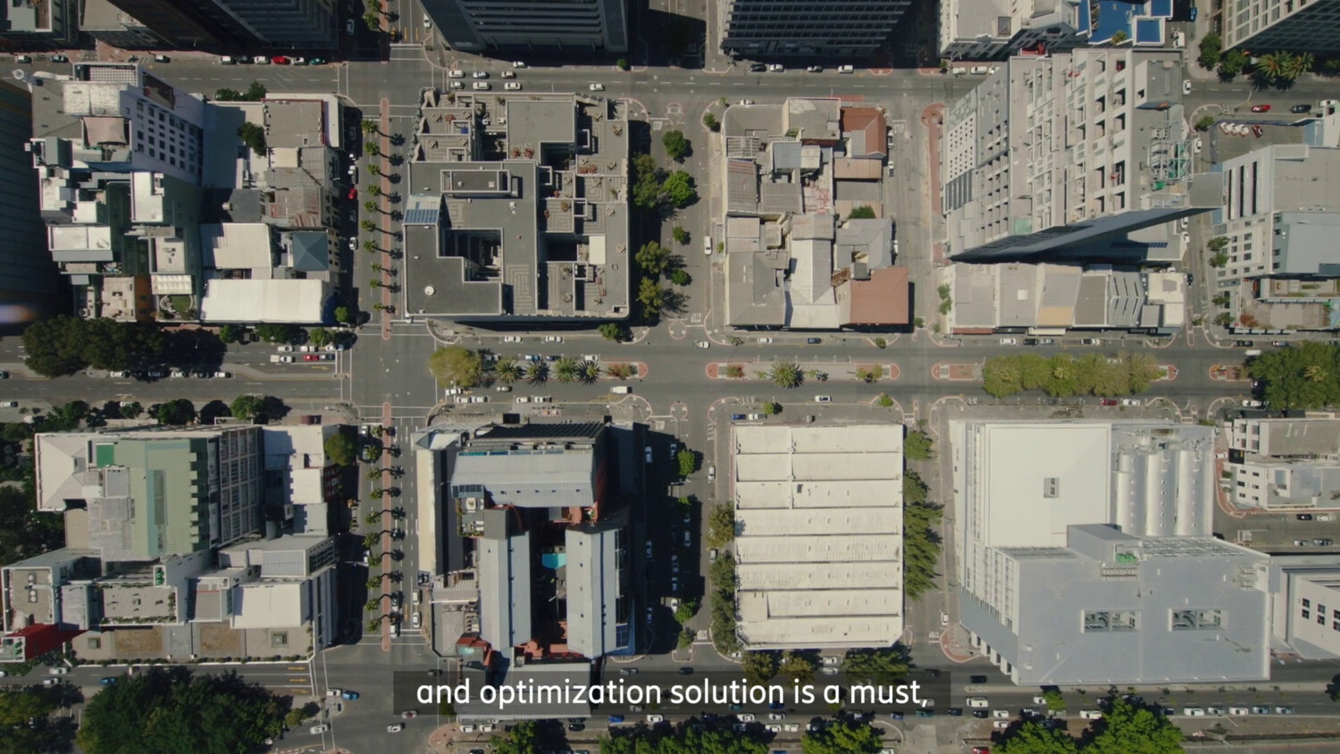 Aerial view of city with street grid.