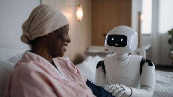 Robot nurse interacting with patient.