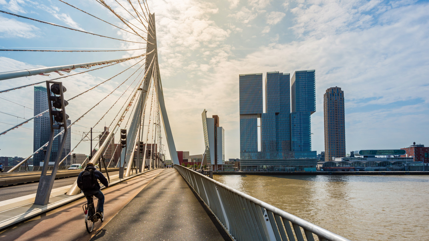 Cyclist riding bike on bridge