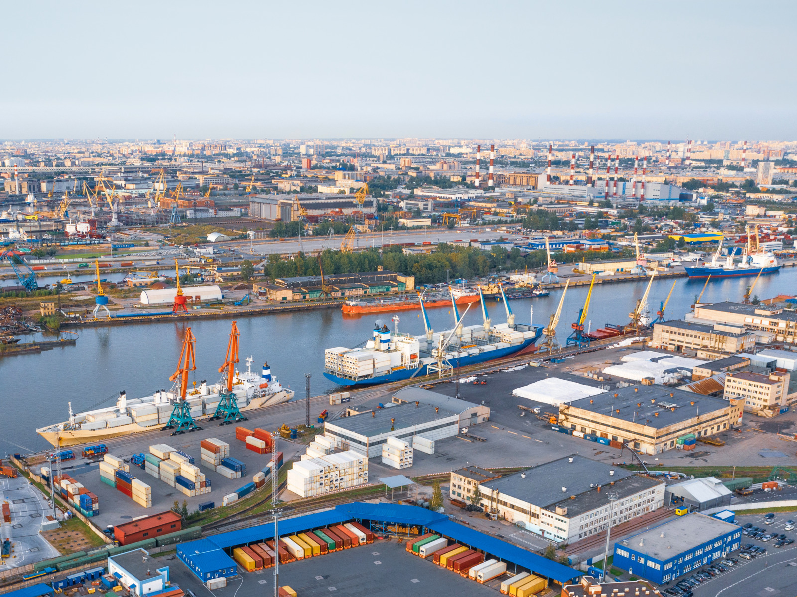 Aerial view of port and industrial area.
