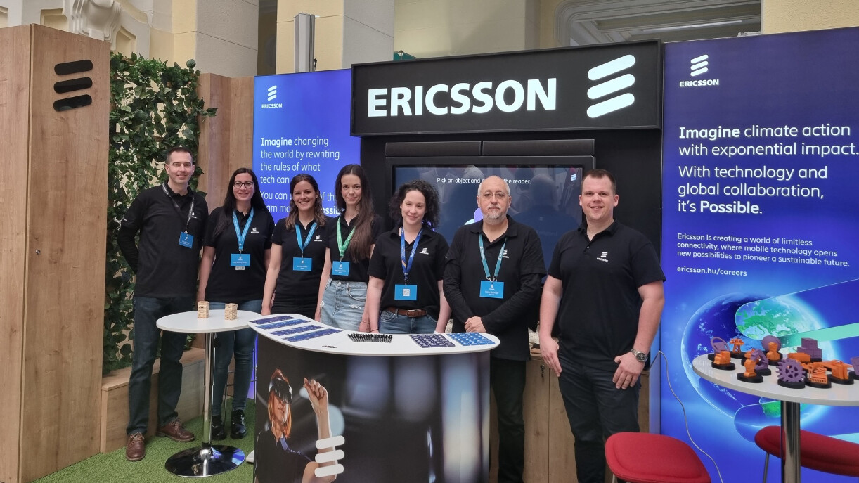 Ericsson booth with staff on university job fair in Budapest