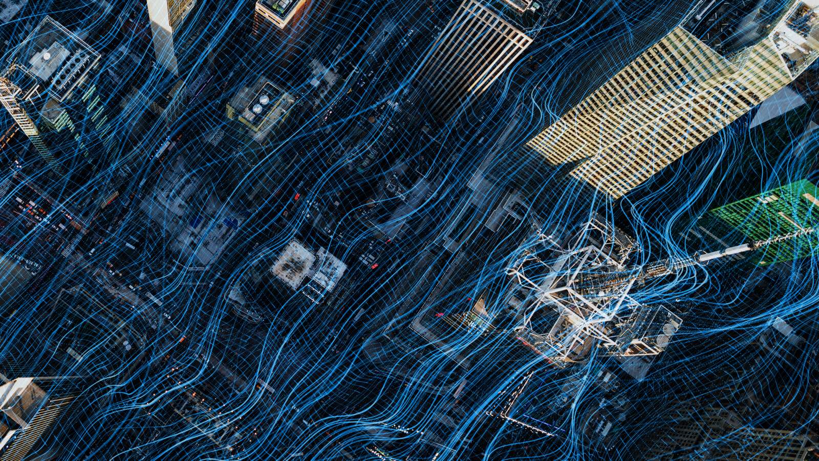 Aerial view of city with skyscrapers.