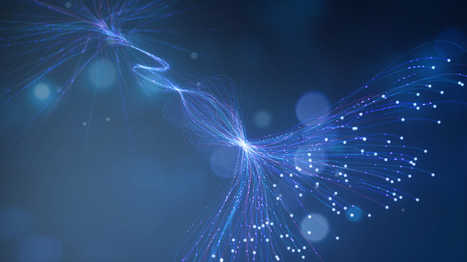 Blue background graphics show rays and spots representing network emissions.