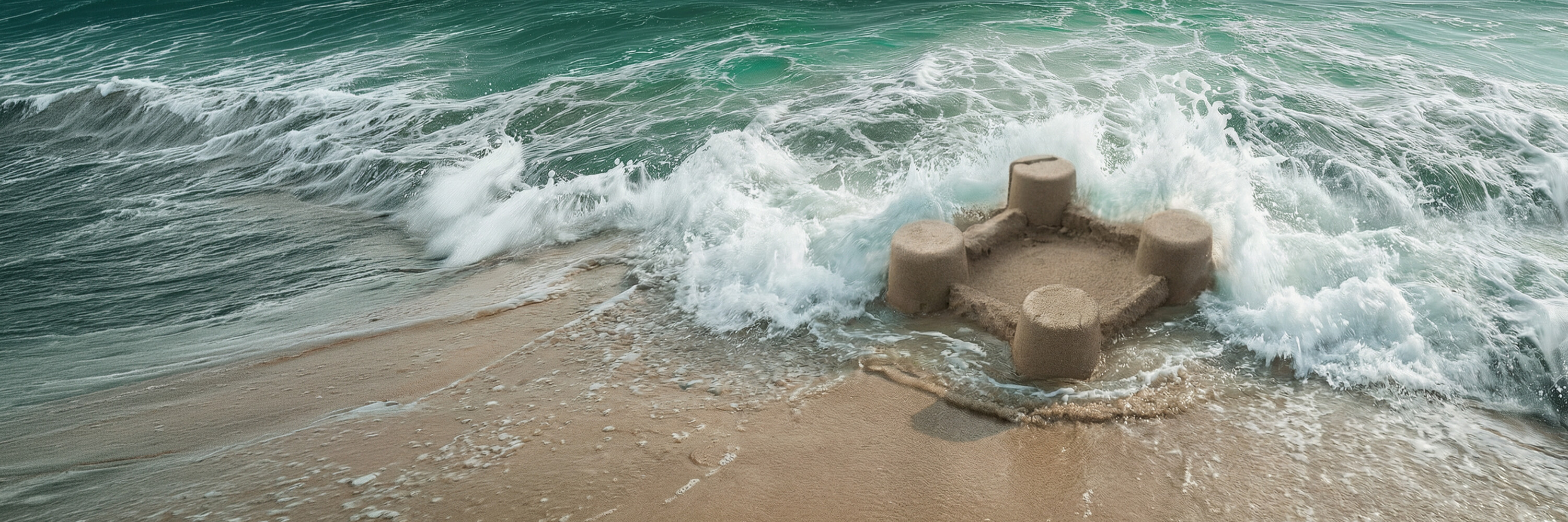 Sandcastle and waving ocean