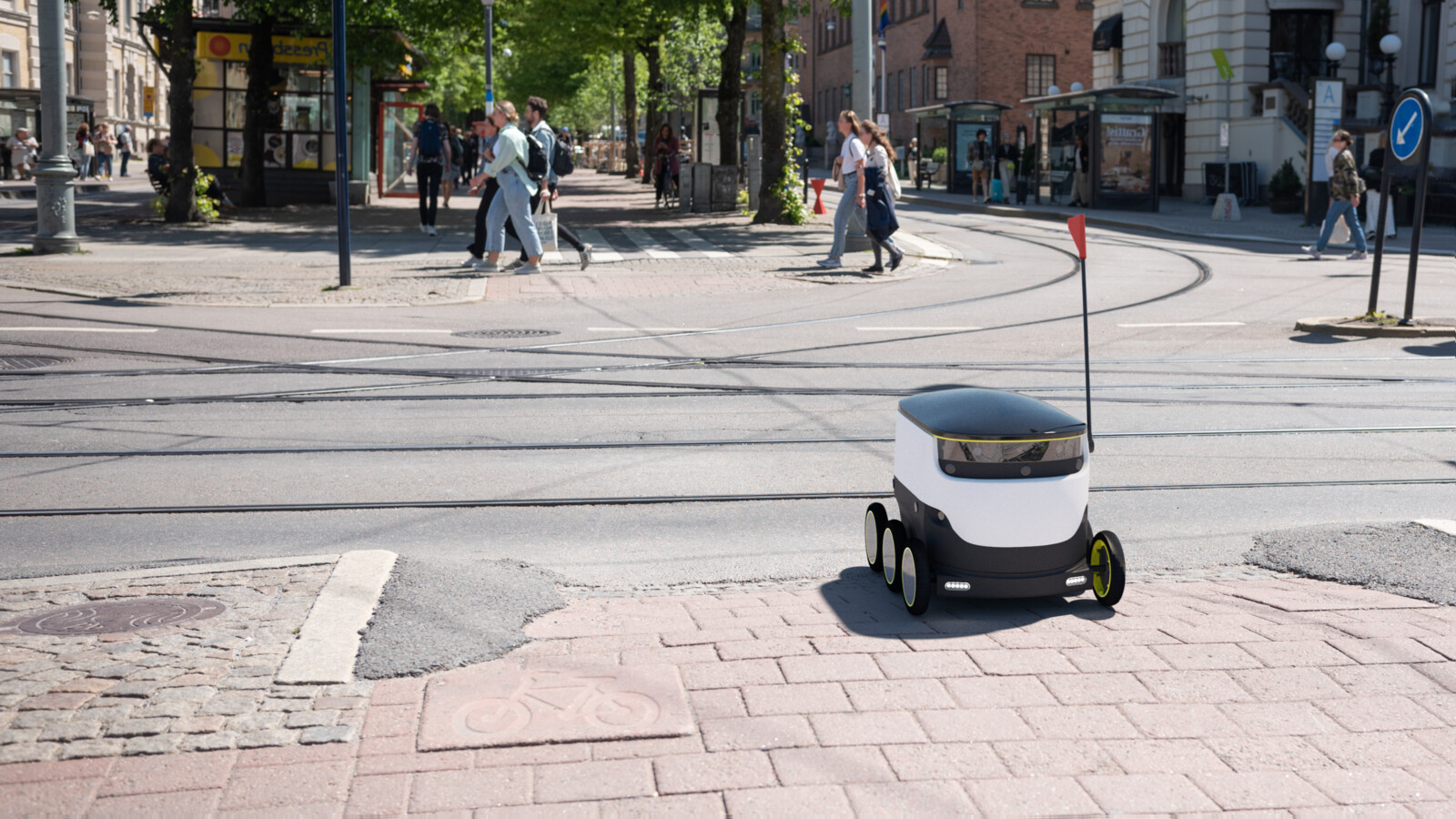 Delivery robot in city street.