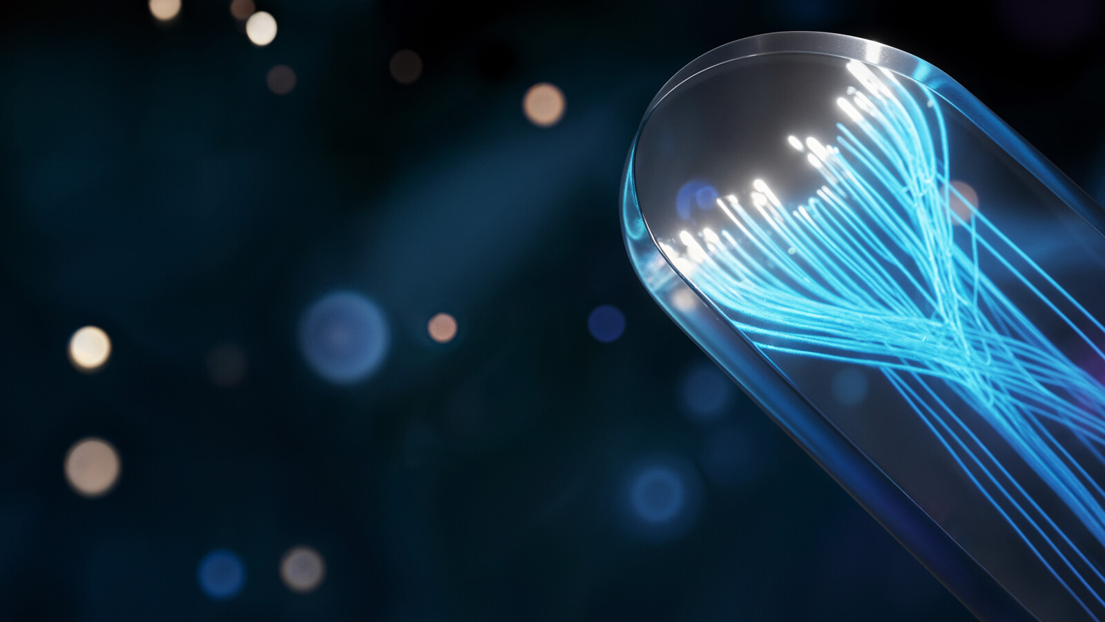 A graphic with dark blue background and light blue rays illustrating neural networks