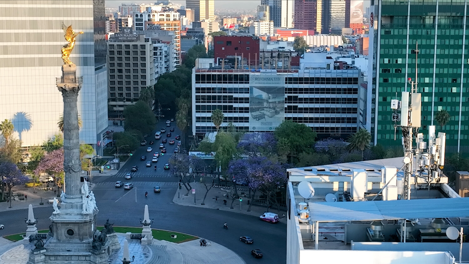 An Ericsson 5G radio across the street from the Golden Angel Independence Monument in Mexico City, Mexico