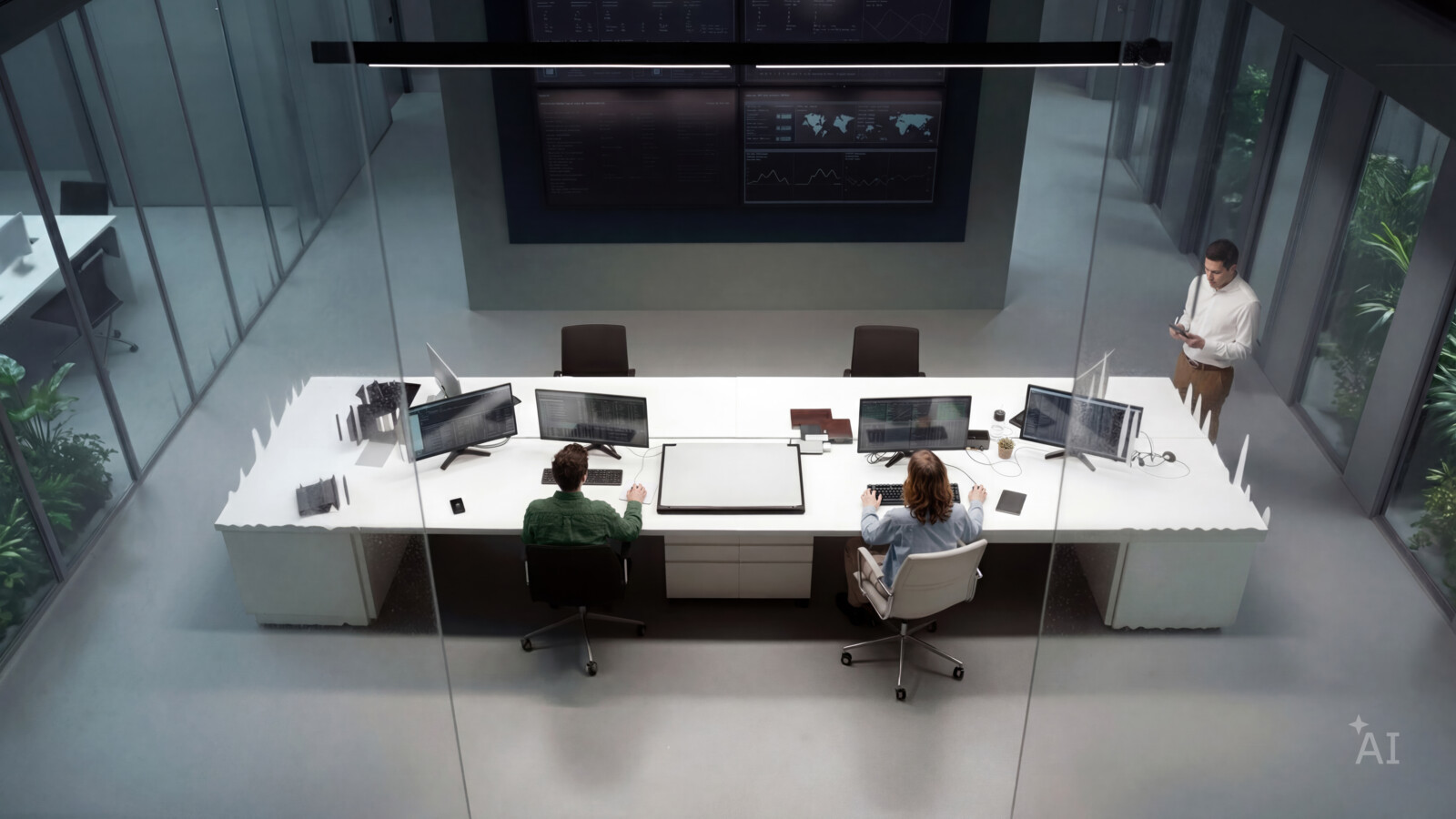 Researchers monitoring data dashboards in modern control room