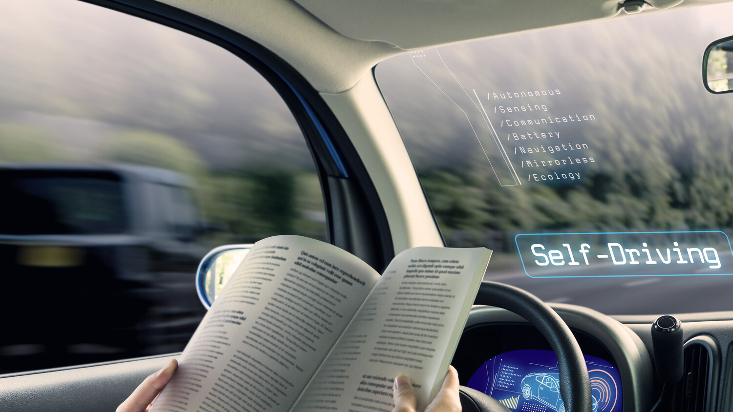 A person reading a book in a self-driving connected car.