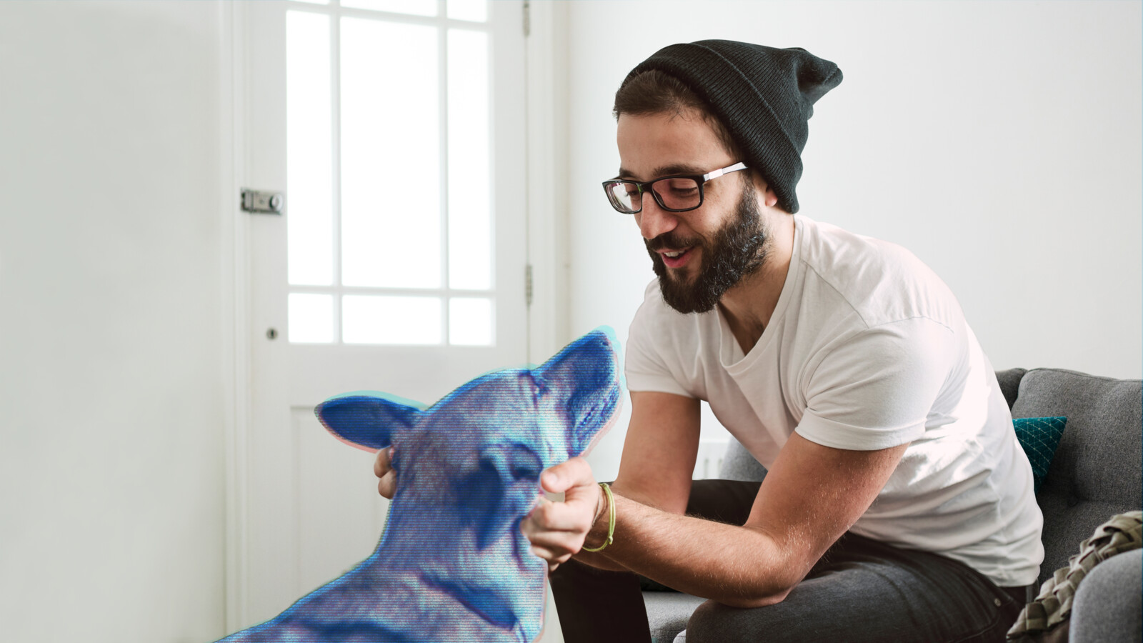 Man with a dog, where the dog is a hologram.