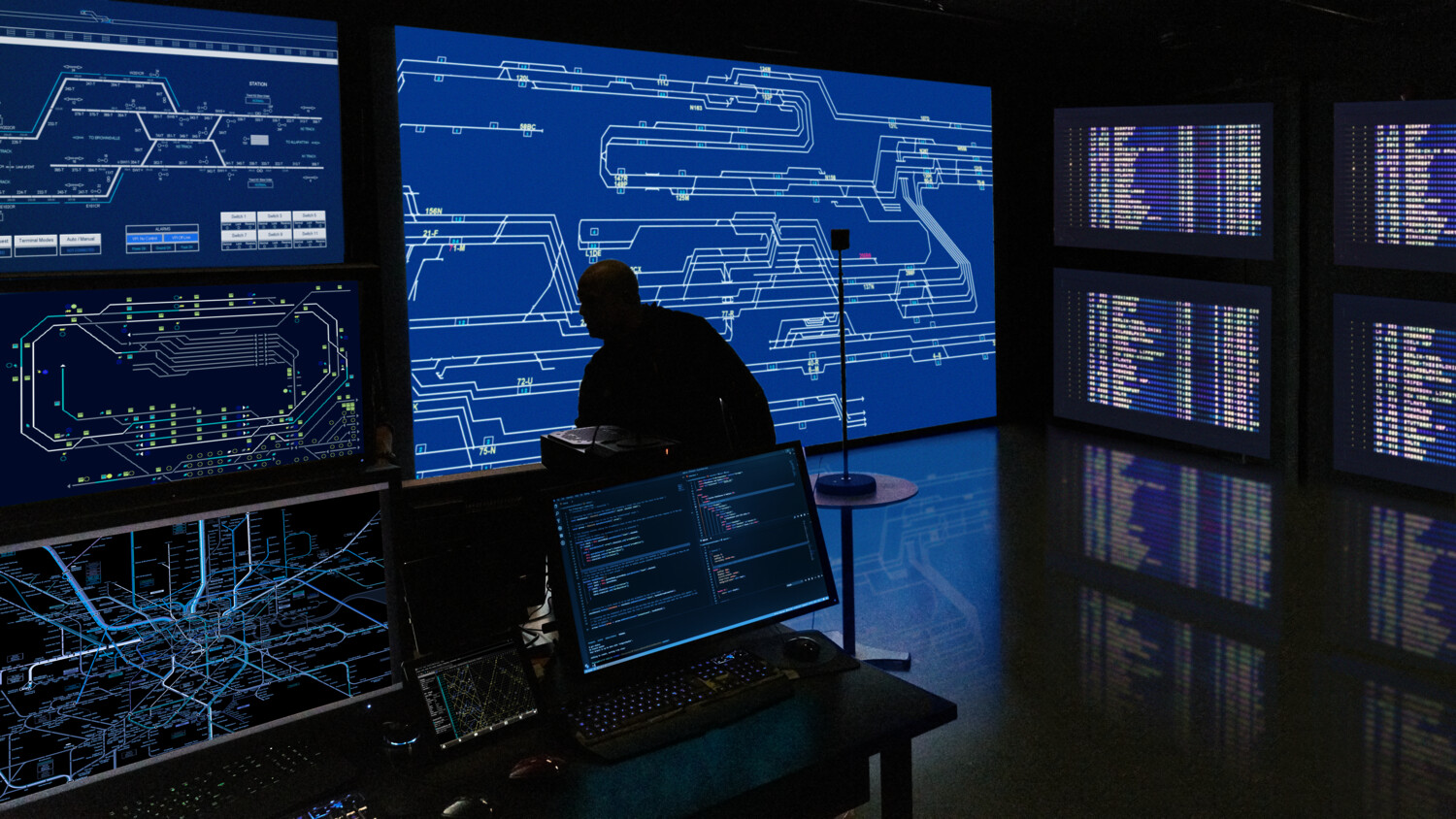 Person monitors schematics on screens in control room.
