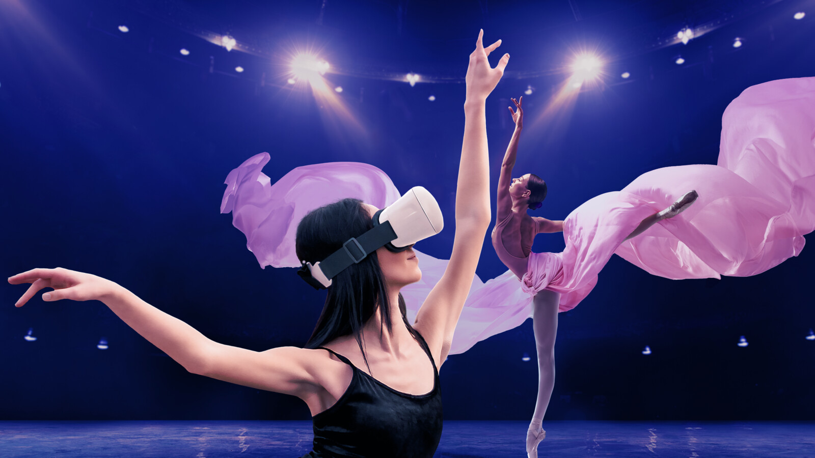 Woman with VR device with ballerina in the background.