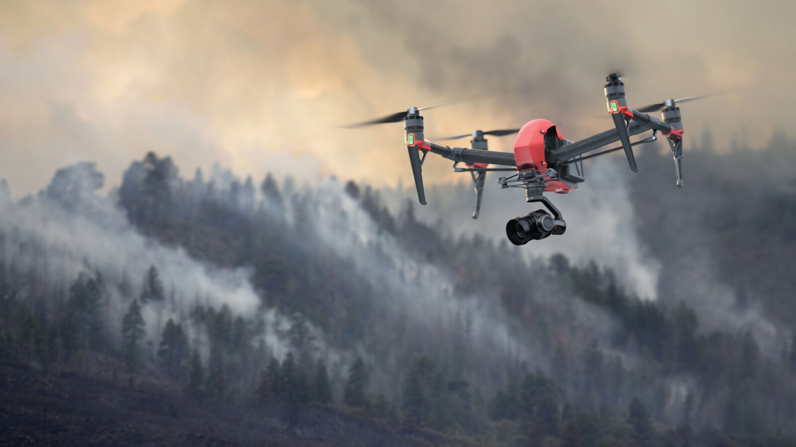 Drone with camera flying over forest fire.