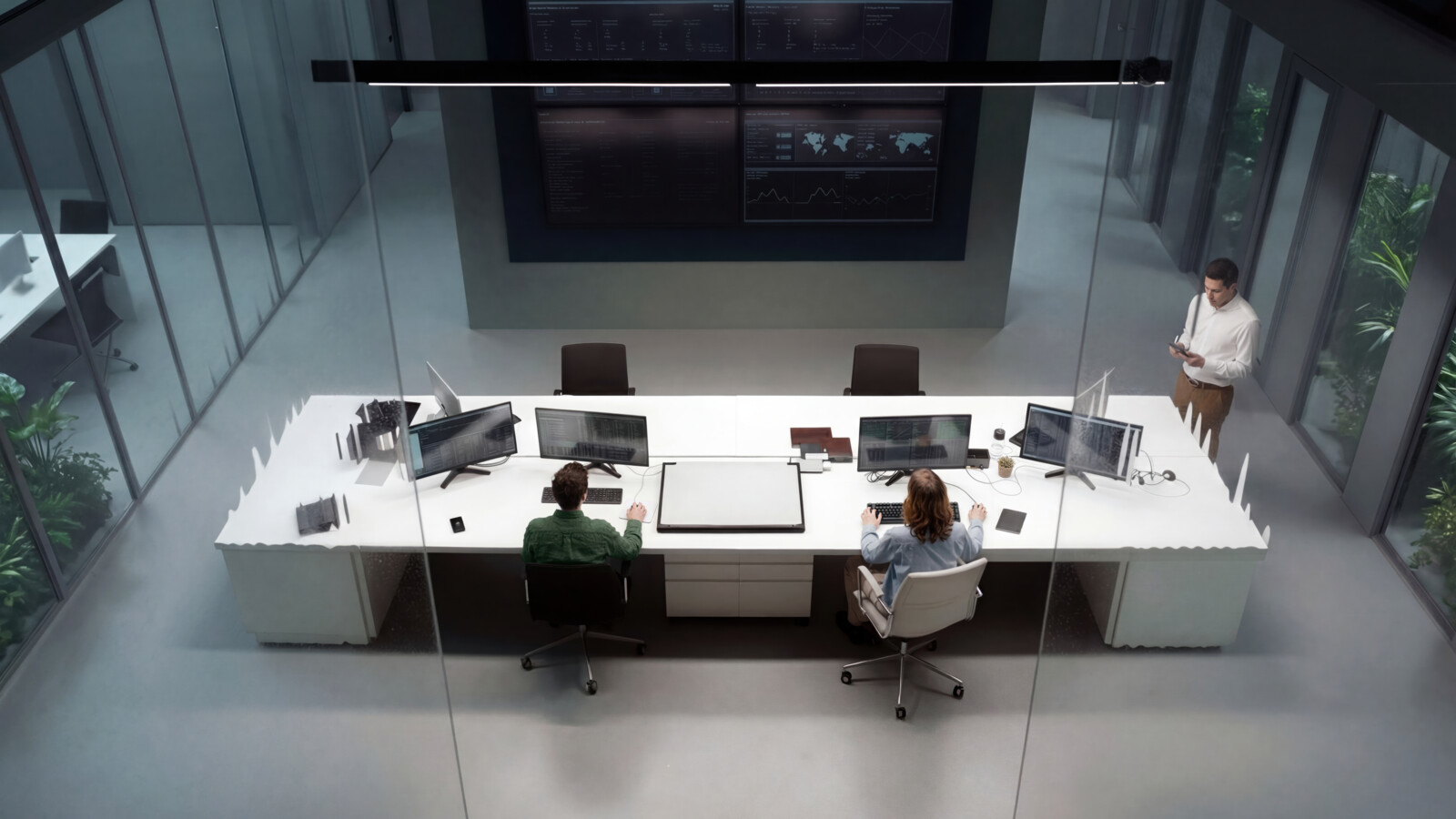 Researchers monitoring data dashboards in modern control room