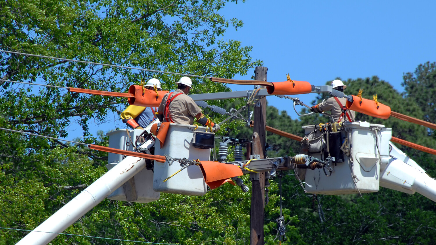 Utility workers in bucket trucks fixing power lines.