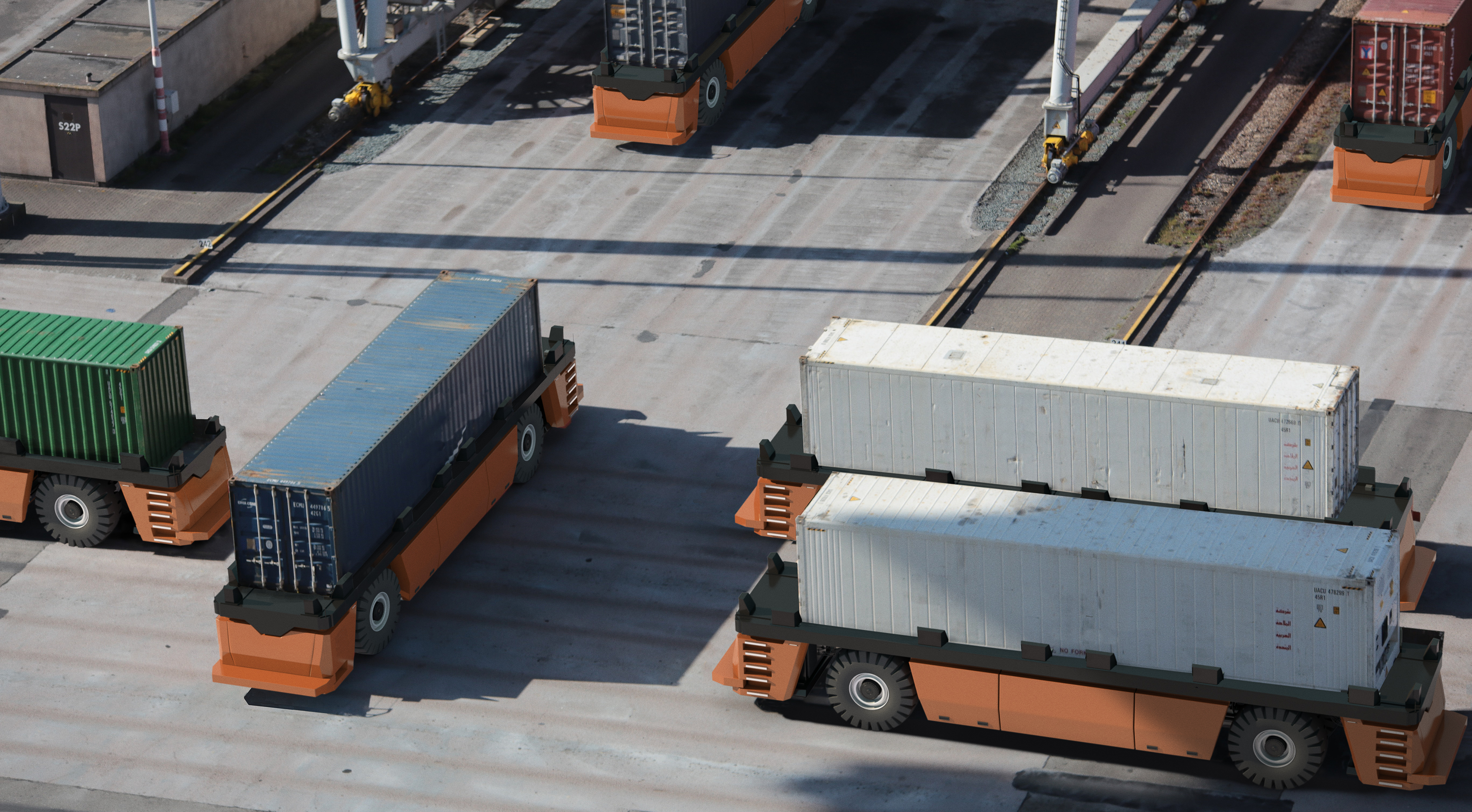 在智能港口運輸集裝箱的自動卡車。