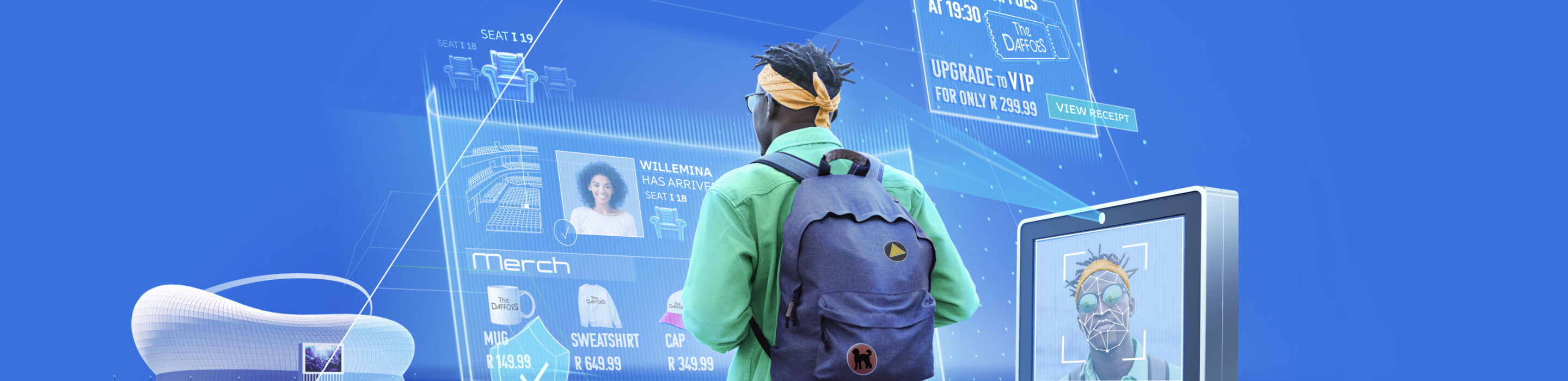 Person views digital display with merch and event info.