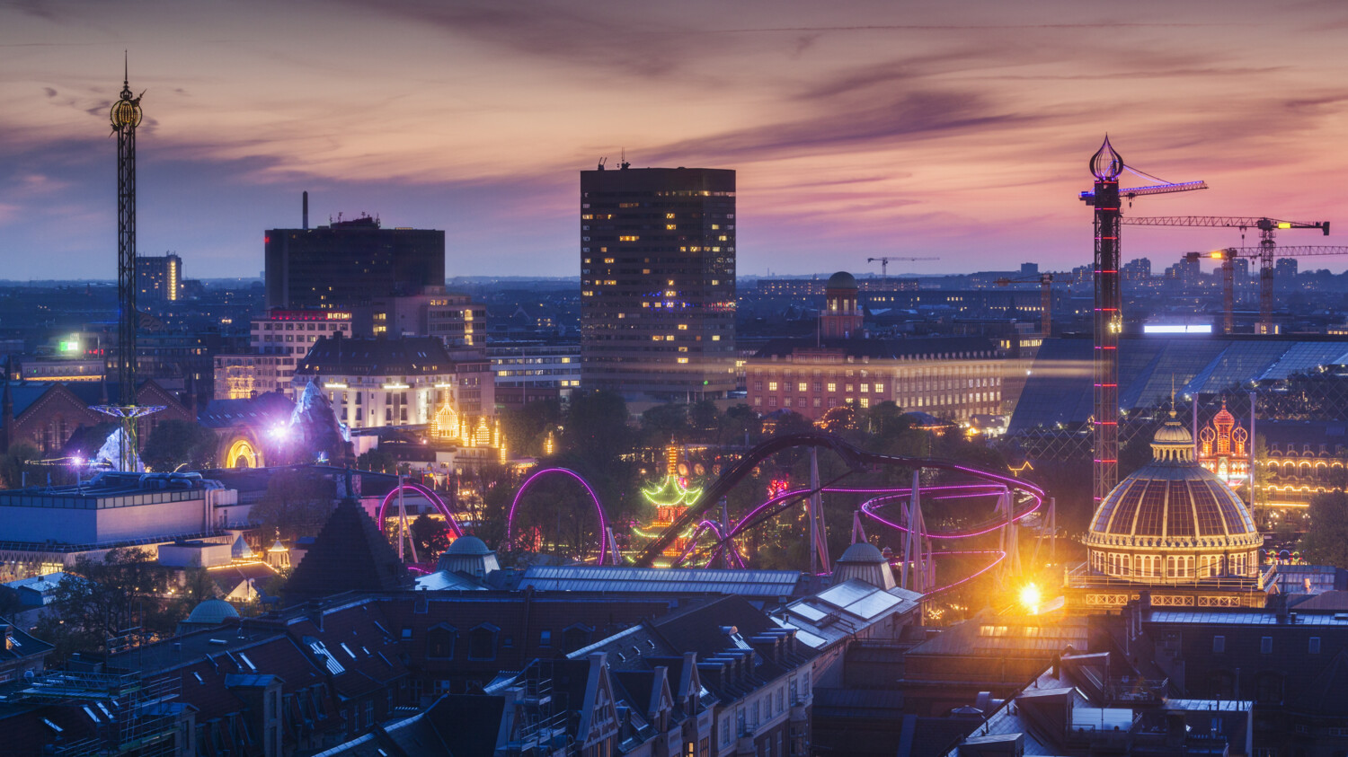 Copenhagen night view with Tivoli in background