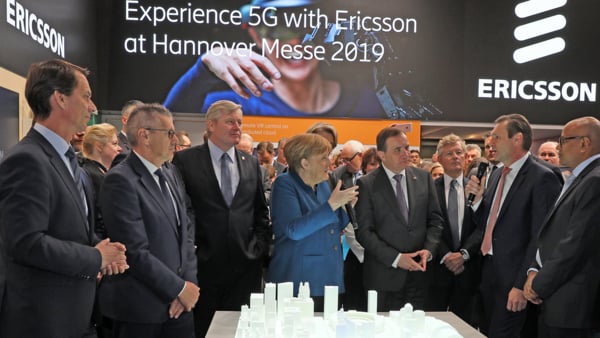 German Chancellor Angela Merkel and Swedish Prime Minister Stefan Löfven being briefed by Ericsson and Fraunhofer IPT executives on 5G-Industry Campus Europe at Hannover Messe 2019