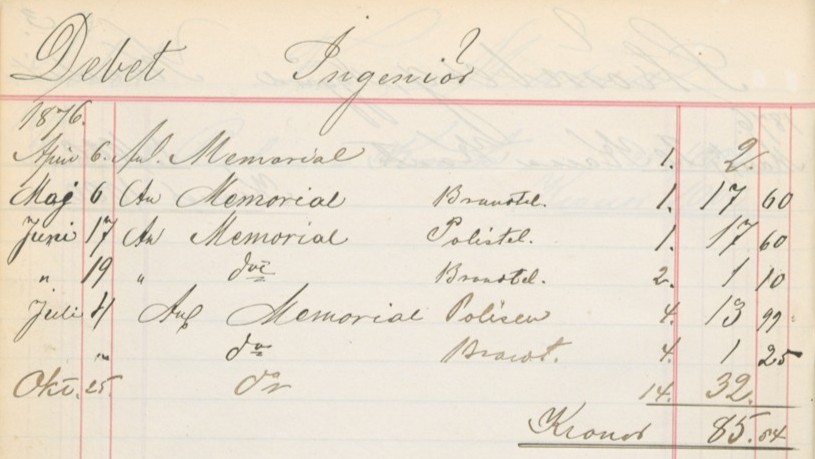 Ericsson ledger entry showing LM Ericsson's first customer - the Stockholm Fire Brigade