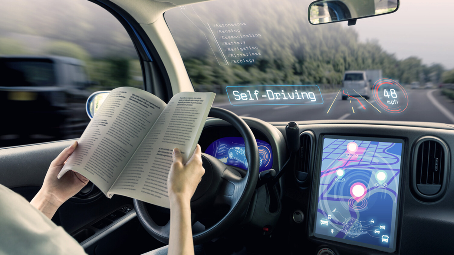 Woman reading in self-drivning car.