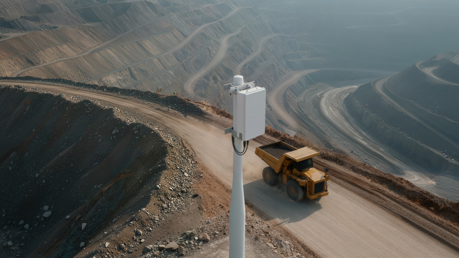 Mining trucks driving through dusty mine road