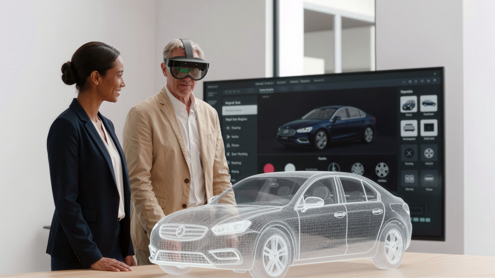 Sales representatives presenting car concept using digital technology