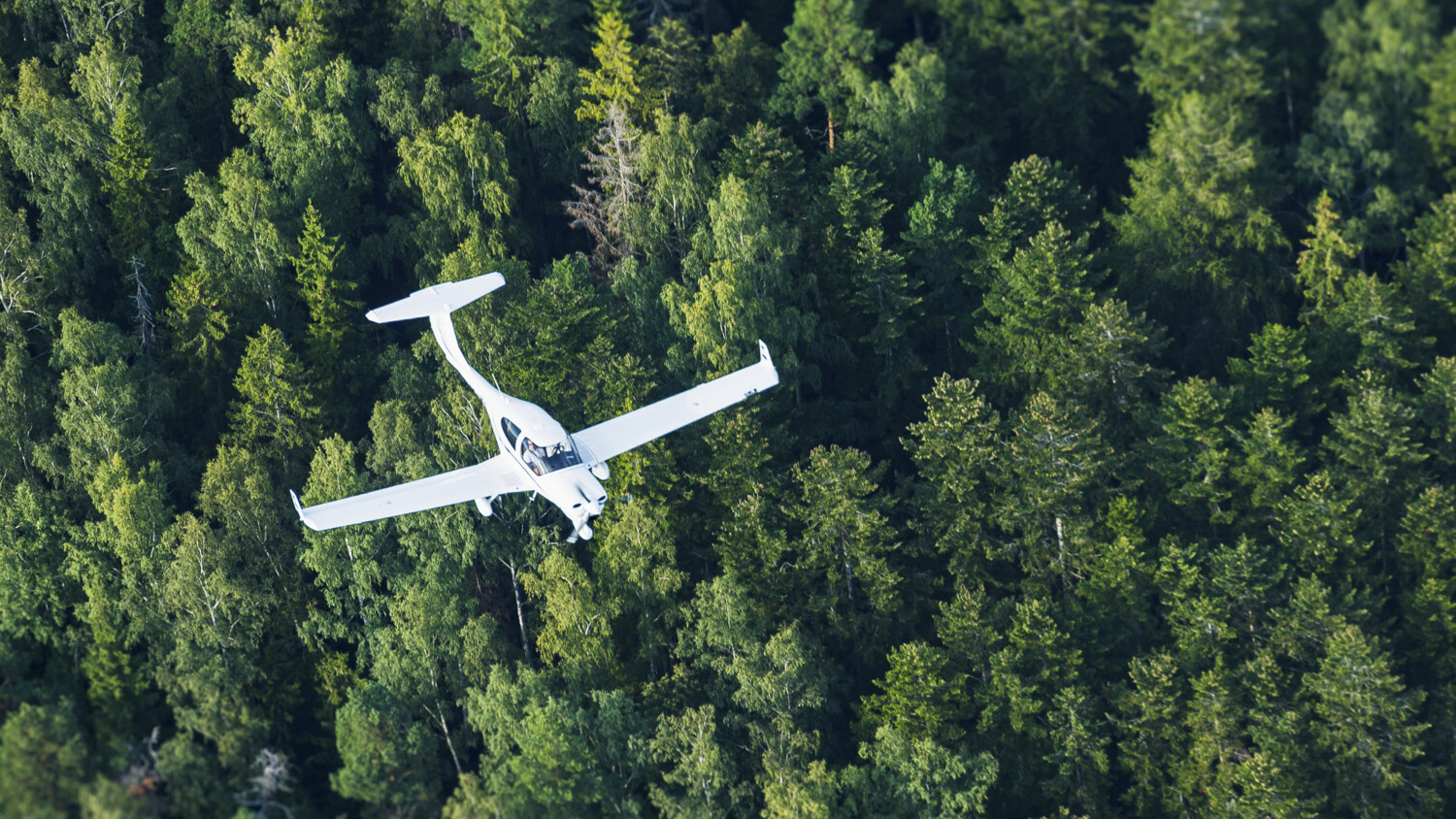 A small private plane flying over forest area.