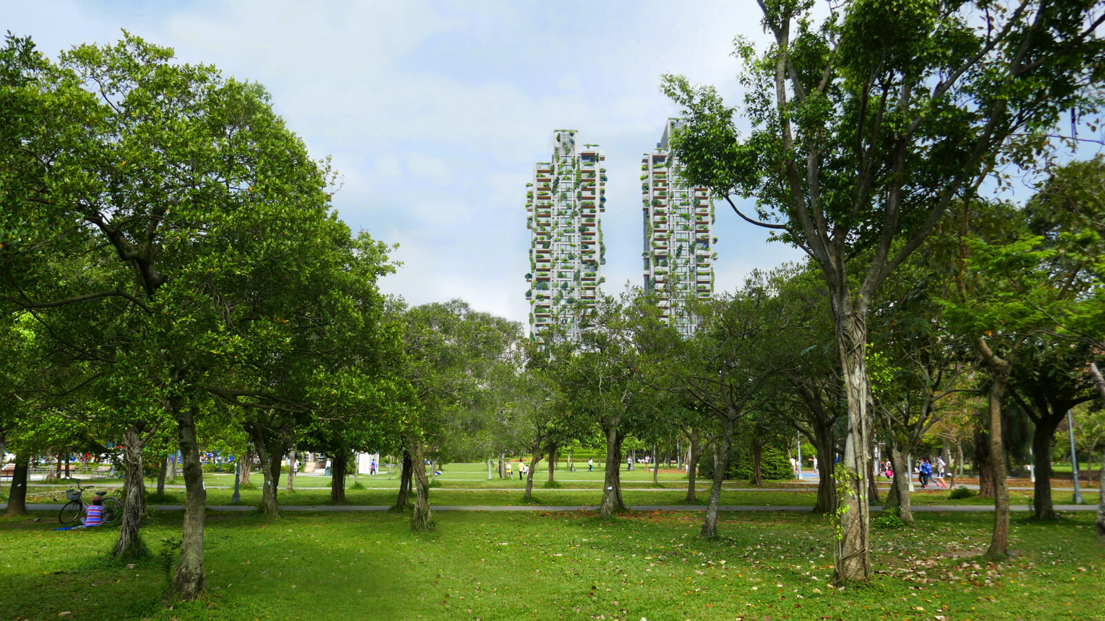 Urban life green buildings park view