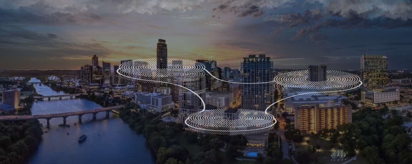 A cityscape with circles symbolizing the journey to Cloud-native 5G RAN
