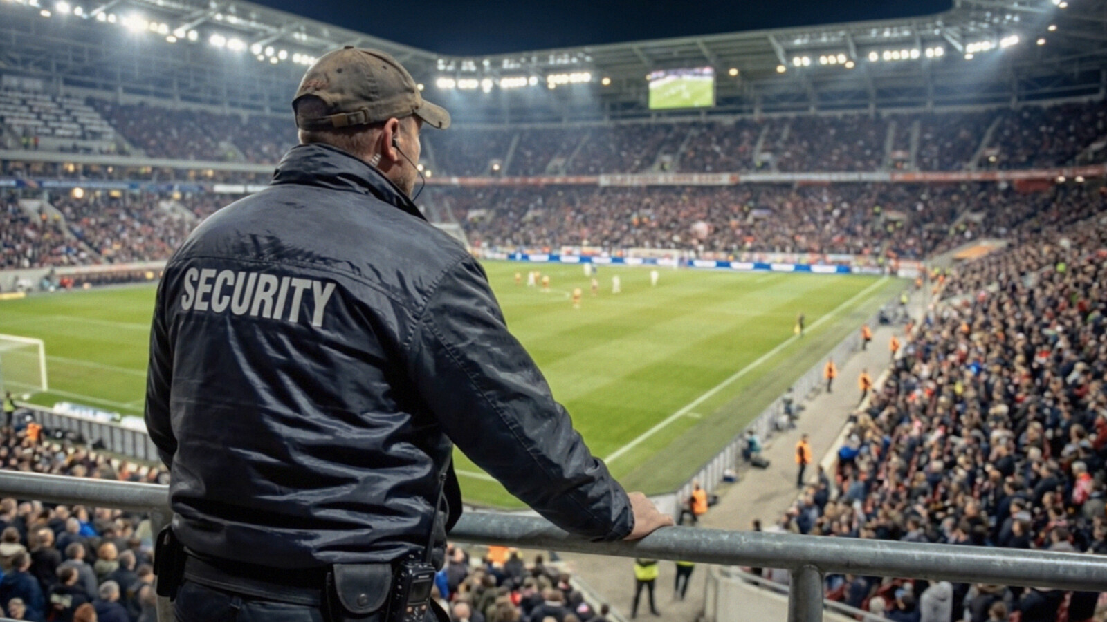 Security person monitors stadium during match