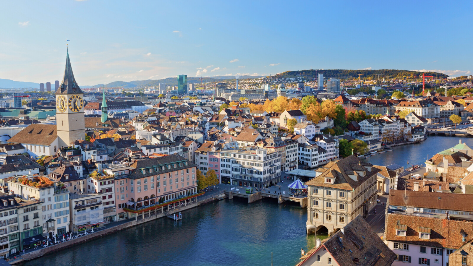 Cityscape with river and clock tower