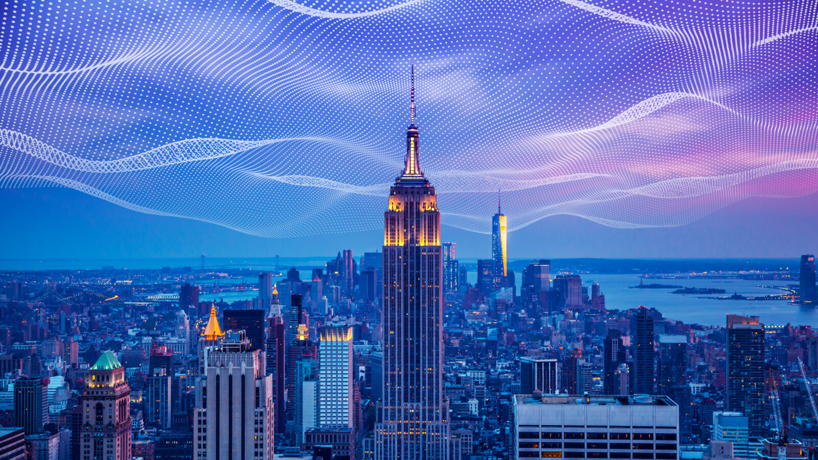 Cityscape with graphic overlay representing connectivity.